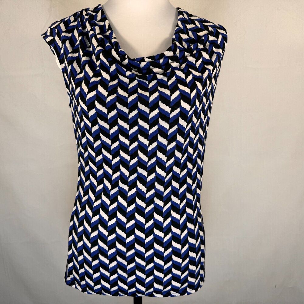 Ann Taylor Top XS Blue Black Cowl Neck Stretch Blouse Sleeveless